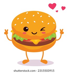 Happy smiling Kawaii cute burger. Vector flat cartoon character illustration icon design. Isolated on white background. burger, fast food