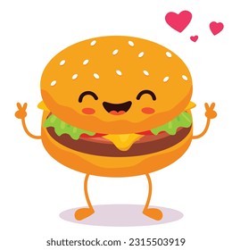 Happy smiling Kawaii cute burger. Vector flat cartoon character illustration icon design. Isolated on white background. burger, fast food