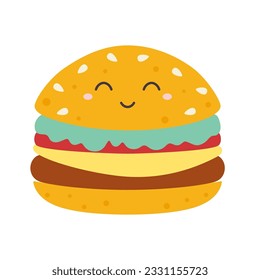 happy smiling kawaii cute burger, vector flat cartoon character illustration isolated on white background, fast food concept