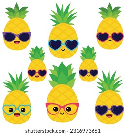 Feliz sonriente Kawaii linda piña. Diseño de mascota de ilustración de carácter de fruta plana vectorial. Aislado sobre fondo blanco.