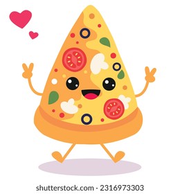 Happy smiling Kawaii cute Pizza Slice. Vector flat cartoon character illustration icon design. Isolated on white background. Pizza, fast food