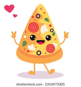 Happy smiling Kawaii cute Pizza Slice. Vector flat cartoon character illustration icon design. Isolated on white background. Pizza, fast food