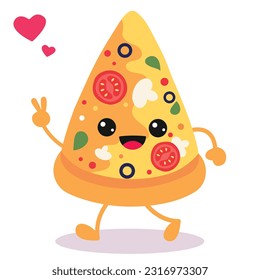 Feliz sonriente Kawaii lindo Pizza Slice. Diseño de iconos de ilustración de caricatura plana vectorial. Aislado sobre fondo blanco. Pizza, comida rápida