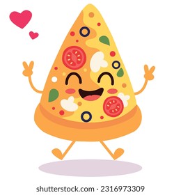 Happy smiling Kawaii cute Pizza Slice. Vector flat cartoon character illustration icon design. Isolated on white background. Pizza, fast food