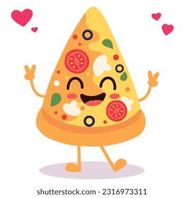 Happy smiling Kawaii cute Pizza Slice. Vector flat cartoon character illustration icon design. Isolated on white background. Pizza, fast food