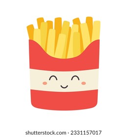 patatas fritas kawaii sonrientes felices, ilustración de personaje de dibujos animados planos vectoriales aislados en fondo blanco