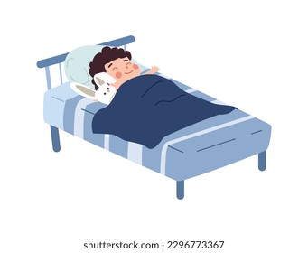 Happy smiling kid boy sleeping in comfortable pose flat style, vector illustration isolated on white background. Decorative design element, sweet child with rabbit toy