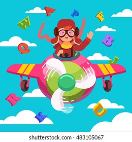 Happy smiling kid flying plane like a real pilot in retro leather flight helmet, scarf and goggles. Learning alphabet and dreaming of piloting profession. Flat style modern vector illustration.