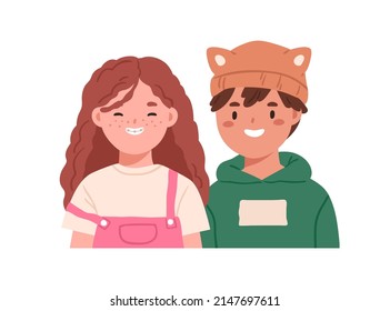 Happy smiling kids, girl and boy. Cute children couple portrait. School students, smiley positive joyful classmates. Cheerful schoolkids. Flat vector illustration isolated on white background