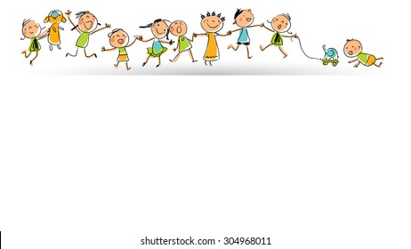 Happy Smiling Kids Group In A Row; Children Playing With Toys. Hand Drawn Stick Figures Style, Line Art Vector Illustration.