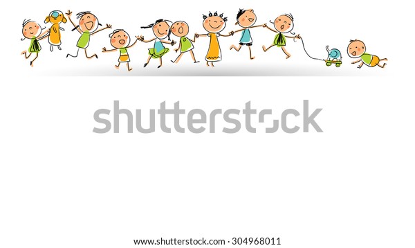 幸せな笑顔の子どもたちが一列になって集まる おもちゃで遊ぶ子どもたち 手描きのスティックフィギュアスタイル ラインアートベクターイラスト のベクター画像素材 ロイヤリティフリー 304968011