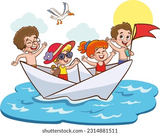 Niños felices sonrientes divirtiéndose y jugando marinero en un mundo imaginario. Niños jugando a un barco de papel. Niños lindos divirtiéndose en el vector de dibujos animados del mar.