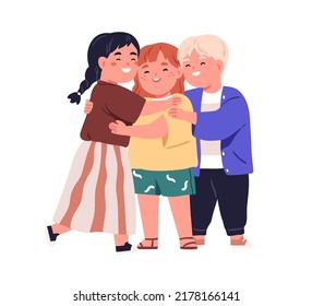 Happy smiling kids hug. Excited positive small children friends embracing. Cute little kindergarten girls and boy standing together portrait. Flat vector illustration isolated on white background