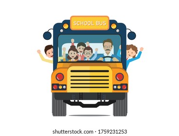 Happy smiling kids riding on a yellow school bus with a driver isolated on white background. vector illustration.