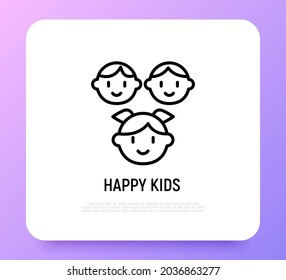 Happy smiling kids thin line icon, girl with tails and two boys. Modern vector illustration.