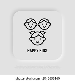 Happy smiling kids thin line icon, girl with tails and two boys. Modern vector illustration.