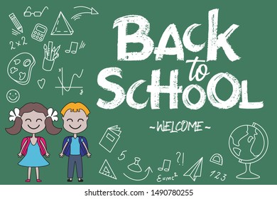 Happy smiling kids vector characters are going to school for the first time. Childs with school bag and book. Back to school. School doodles on the chalkboard and chalk lettering.