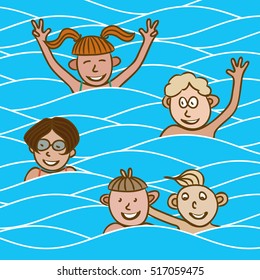 Happy Smiling Kids in the Water of Swimming Pool Sea or Ocean Showing Greetings Signs Composition - Flesh Color Faces on Blue Waves Background - Flat Graphic Style