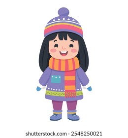 Happy and smiling kids in winter clothes on white background. Vector illustration in flat cartoon style.