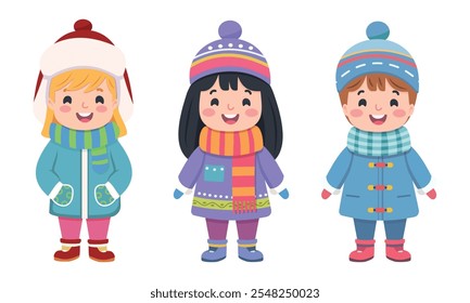 Happy and smiling kids in winter clothes on white background. Vector illustration in flat cartoon style.