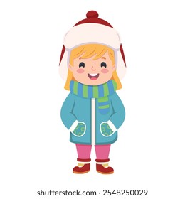 Happy and smiling kids in winter clothes on white background. Vector illustration in flat cartoon style.