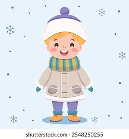 Happy and smiling kids in winter clothes. Poster, Banner, Flyer, Greeting Card. Vector illustration in flat cartoon style.