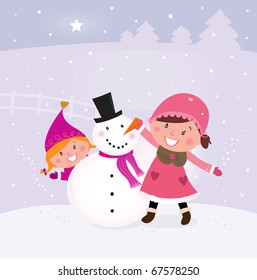 Happy smiling kids in winter costumes making snowman. Vector Illustration.