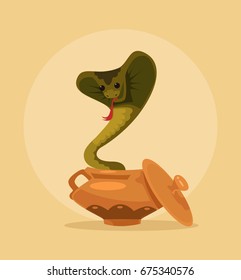 Happy smiling kind cobra snake character dancing in pot. Vector flat cartoon illustration