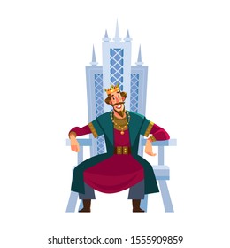 Happy smiling king character sits on the throne. Vector flat cartoon illustration