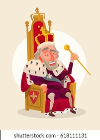 Happy smiling king man character sits on the throne. Vector flat cartoon illustration