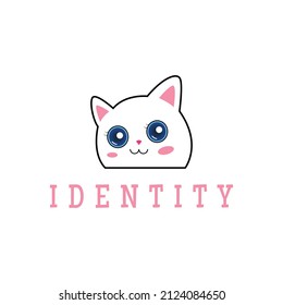 Happy smiling kitty cartoon character logo design illustration. cute cat mascot. vector art illustration