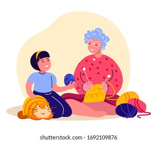 Happy Smiling Knitting Old Aged Pensioner Woman,Girl Child Together.Cosy Home Atmosphere.Elderly Grandmother Plying Needle Needlework.Knit a Sweater,Yarn Wool. Favourite Hobby.Flat Vector Illustration