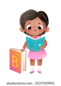 Feliz sorridente estudante latina lendo ou estudando um livro aberto. Leitura de menina de aula primária ou pré-escolar, desenho animado para crianças. Menina escolar feliz, ilustração desenhada à mão vetor para crianças.