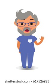 Happy Smiling and Laughing Doctor, Cool and Funny Avatar of Cartoon Character in Flat Vector - Use as Emoji, Mascot or Emoticon Middle-Age Man Waves Hello in Illustration Isolated on White Background