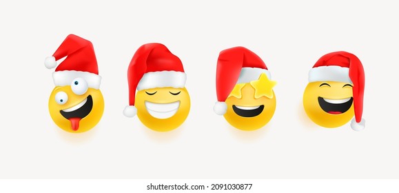 Happy smiling and laughing faces with Santa claus hat. 3d vector emoji set
