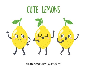 Happy smiling lemon characters dancing and smiling. Vector illustration