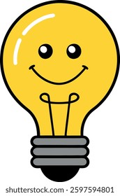 Happy smiling light bulb with cheerful face representing creativity and ideas.