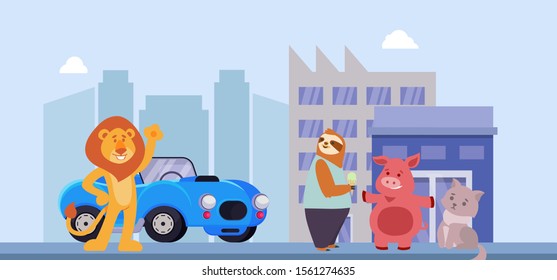 Happy smiling lion and friends cute funny animals in city street cartoon flat vector illustration. Lion meeting sloth, pig, cat and shows new purchase car. Urban houses background.