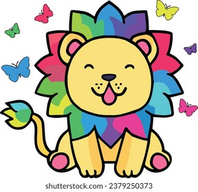 Un león feliz y sonriente rodeado de mariposas. Caricatura de Kawaii.