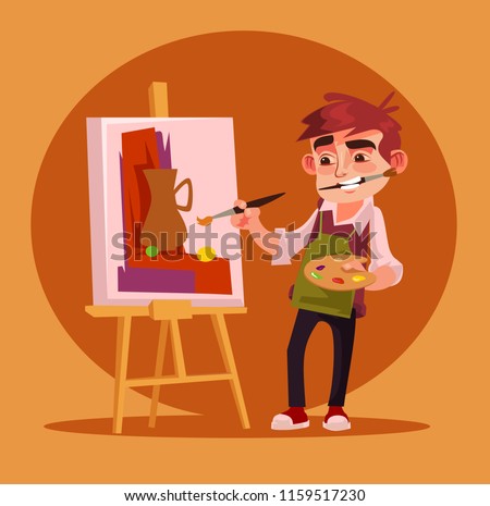 Happy smiling little boy artist character drawing picture. Vector flat cartoon illustration
