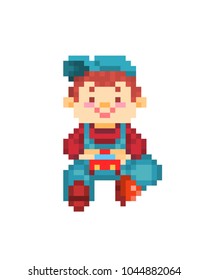 Happy smiling little boy in blue denim bib overall, cap and red sweatshirt sitting on the ground and playing with red toy car, 8 bit pixel art character isolated on white background.Kindergarten scene