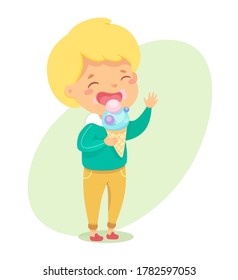 Happy smiling little boy character enjoy eating ice-cream. Cute child licking sweet cold dessert. Sundae in waffle cone. Excitement summer refreshment. Delicious nutrition snack for children. Vector