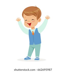Happy smiling little boy in elegant clothes colorful cartoon character vector Illustration