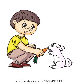 Happy smiling little boy feeding rabbit with carrot on white. Schoolboy visiting petting zoo. Cheerful child playing with bunny. Farm animals. Excursion to natural park. Vector illustration