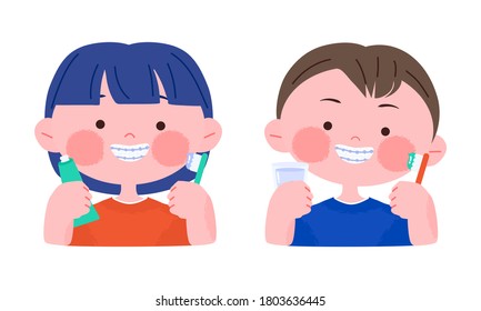 Happy smiling little boy and girl with dental braces holding Toothbrush. Hand drawn cute cartoon character portrait vector illustration