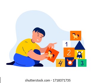 Happy Smiling Little Boy Playing Cubes Bricks Game.Kid Baby Kindergarten.Child Building Tower of Toy.Child Having Fun,Learning Nimbers,Developing Board Game.Progress Childhood.Flat Vector Illustration