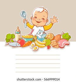 Happy smiling little boy sitting at table with food. Vector vegetables, fruits, meat, milk, bottle, dish. Blank text frame. Template for menu design. Kids nutrition infographic. 