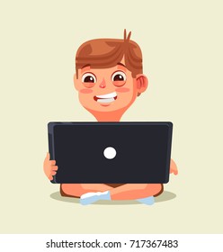 Happy smiling little boy teen character chatting by internet. Vector flat cartoon illustration