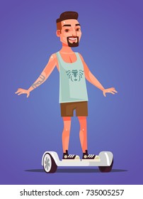 Happy smiling little boy teen character riding on hoverboard. Vector flat cartoon illustration