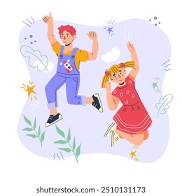 Happy smiling little children jumping together merrily, flat cartoon vector illustration isolated on white background. Happy jumping children on decorative backdrop for kids events.